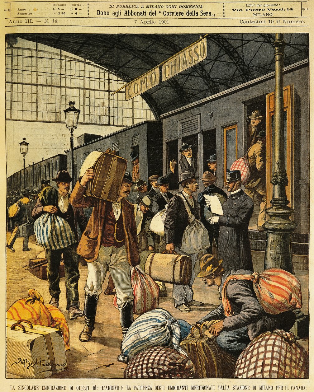 A Grande Emigração: chegadas e partidas de emigrantes do Sul da Itália para o Canadá, por Achille Beltrame (1871-1945), de La Domenica del Corriere, 7 de Abril de 1901 de Achille Beltrame