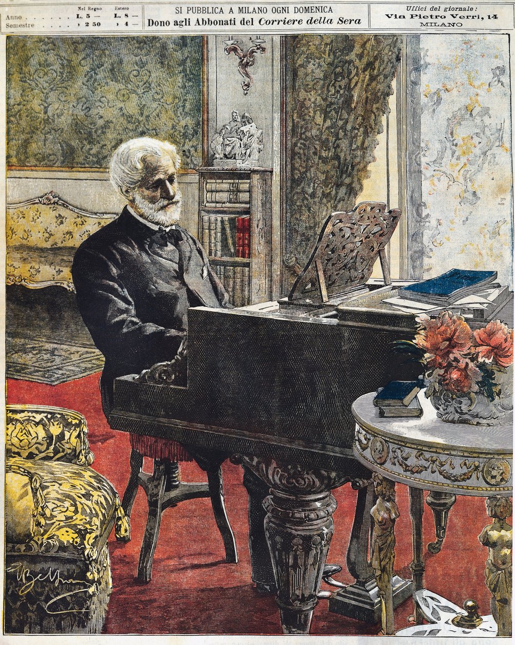 O compositor italiano Giuseppe Verdi em seu estudo, placa de Achille Beltrame (1871-1945), La Domenica del Corriere, 8 de outubro de Achille Beltrame