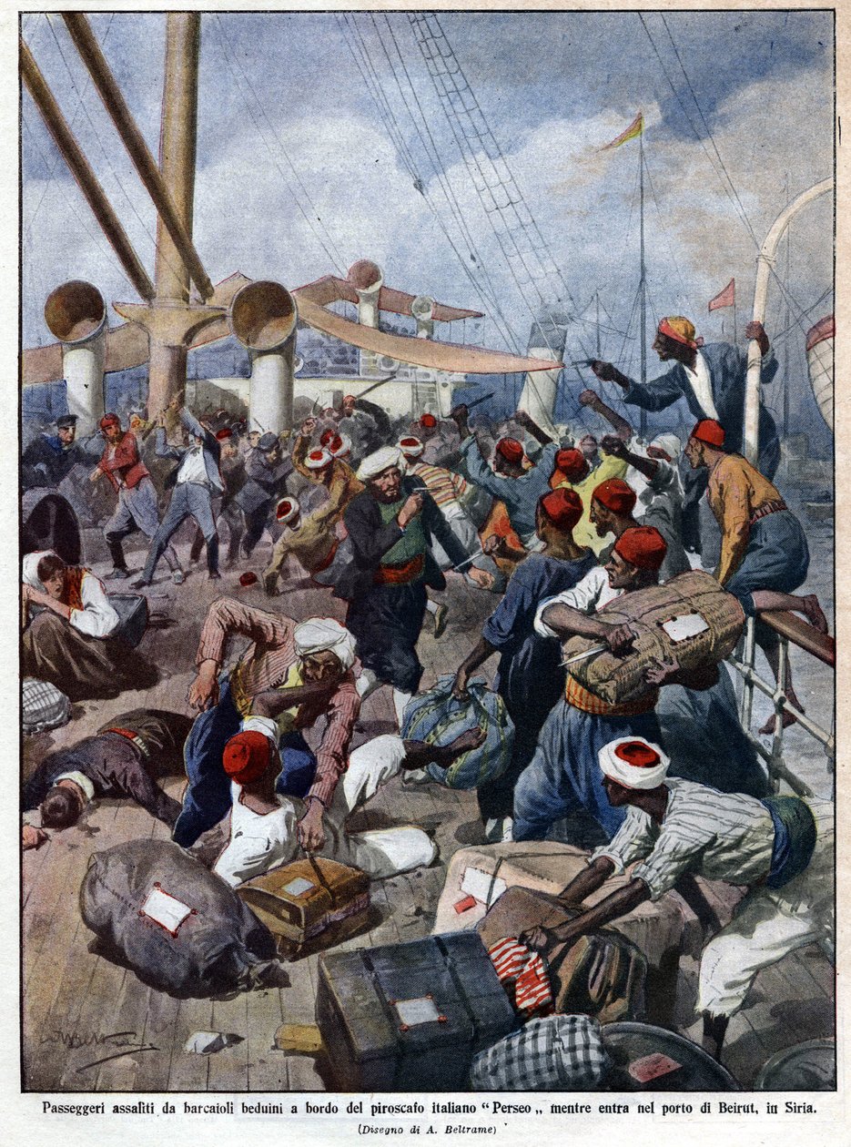 O transatlântico italiano "Perseo" no momento da entrada no porto de Beirute na Síria é invadido por bandidos do mar - em "La Domenica del Corriere" 07/1913. Ilustração de "Beltrame". de Achille Beltrame