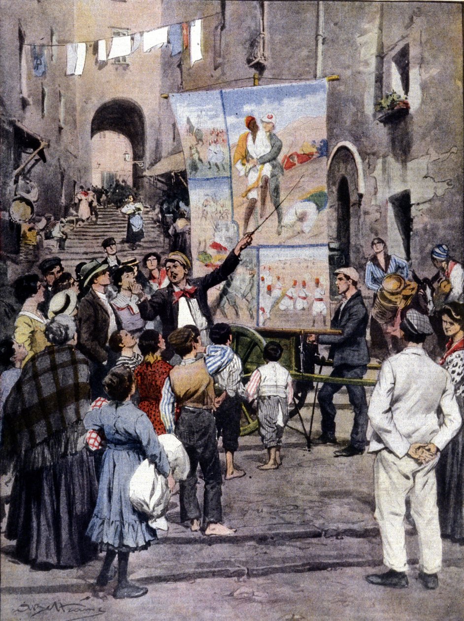 The Poesy of War: As últimas canções populares inspiradas na Guerra da Líbia são cantadas nas ruas de Nápoles por artistas de rua. Ill. de Beltrame. La Domenica del Corriere. 1912 de Achille Beltrame