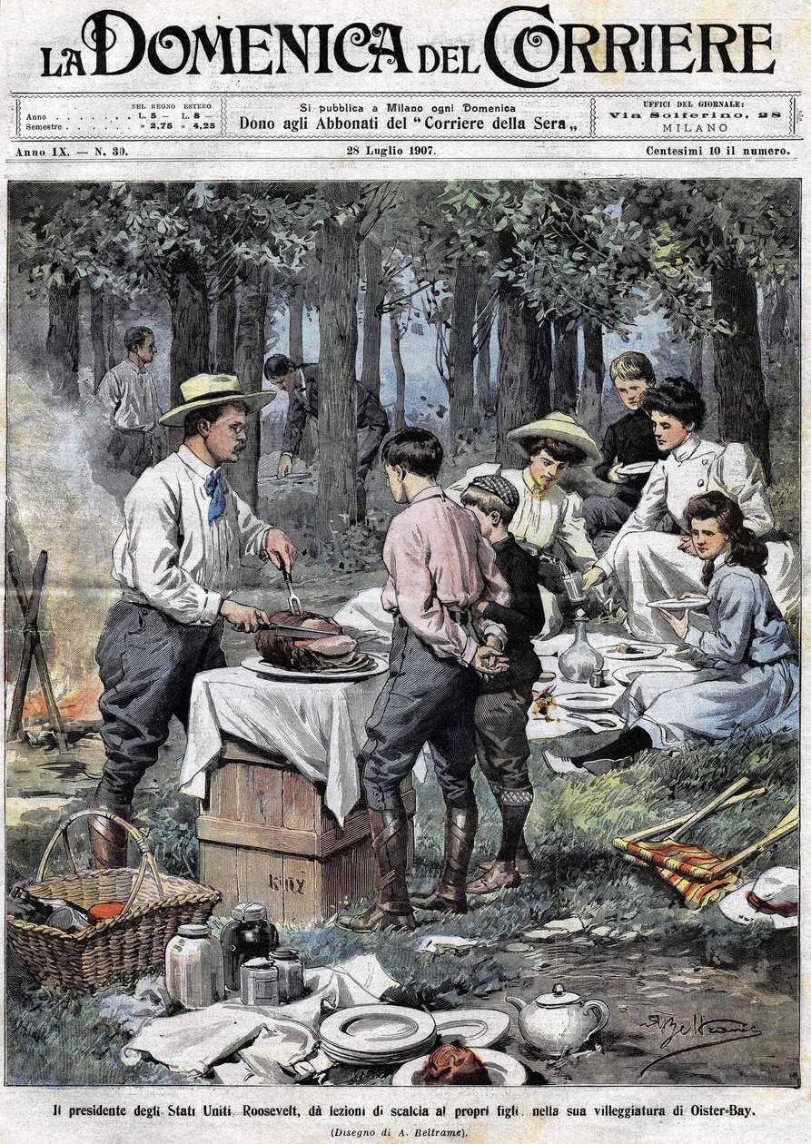 O Presidente dos Estados Unidos Theodore Roosevelt (1858 - 1919) ensinou aos seus filhos os deveres de um homem de boa sociedade, cortando-lhe a perna durante um piquenique na sua segunda residência em Oister Bay. Ilustração de Achille Beltrame. La Domenic de Achille Beltrame