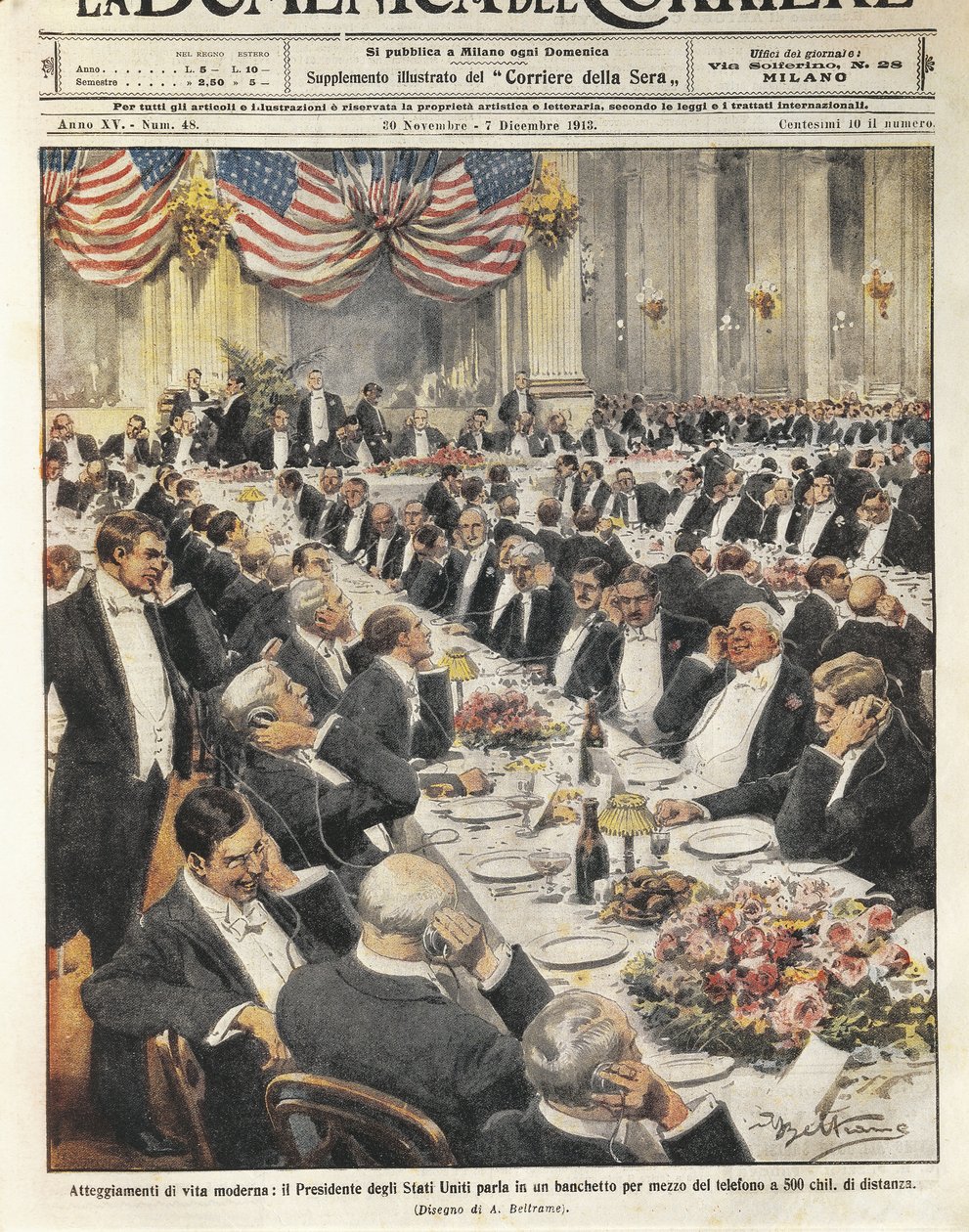 O Presidente dos Estados Unidos falando por telefone a uma distância de 500 quilómetros. Ilustração de Achille Beltrame no jornal italiano 