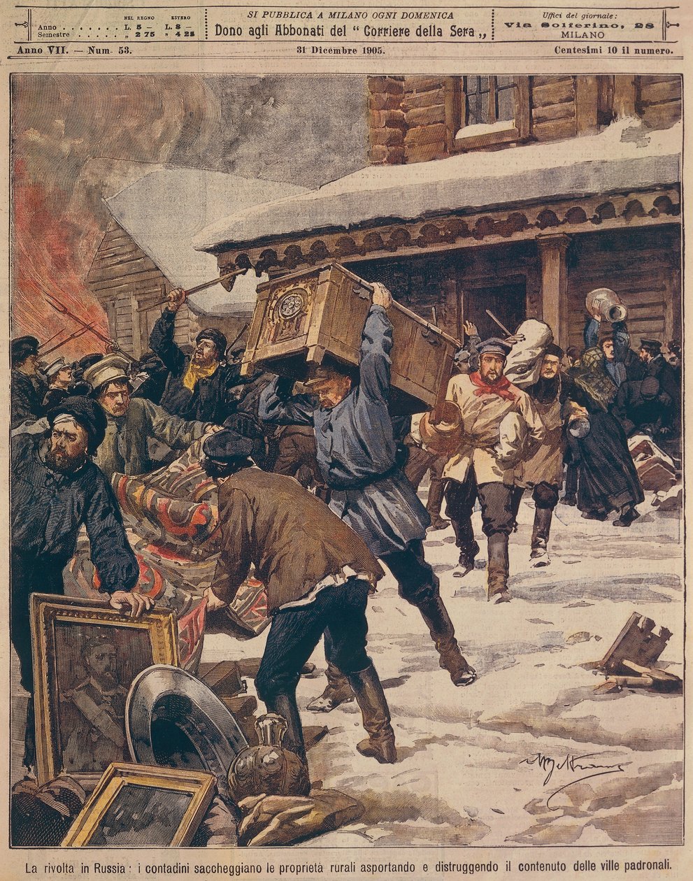 A Revolução Russa: Camponeses saqueando propriedades de ricos rurais, por Achille Beltrame (1871-1945), de La Domenica del Corriere, dezembro de 1905 de Achille Beltrame