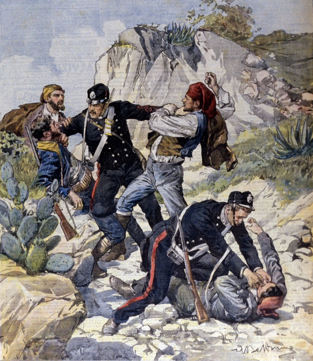A prisão de três assaltantes perigosos perto de Trapani, na Sicília. Ilustração de Beltrame. La Domenica del Corriere. 23/02/1902. de Achille Beltrame