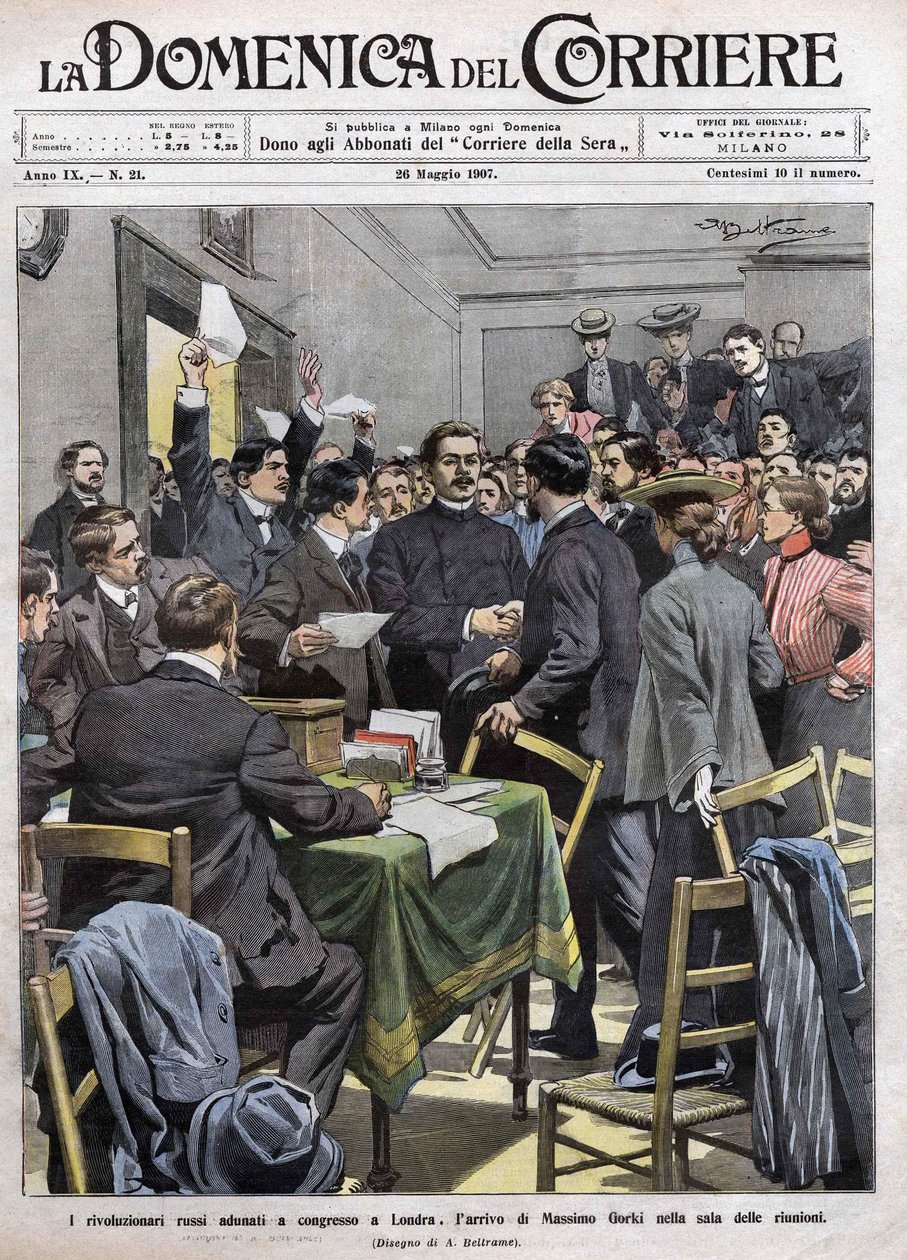A chegada de Maxim Gorki à sala de reuniões do Congresso em Londres, após a revolução de 1905 na Rússia. Capa da La Domenica del Corriere de 26/05/1907. de Achille Beltrame