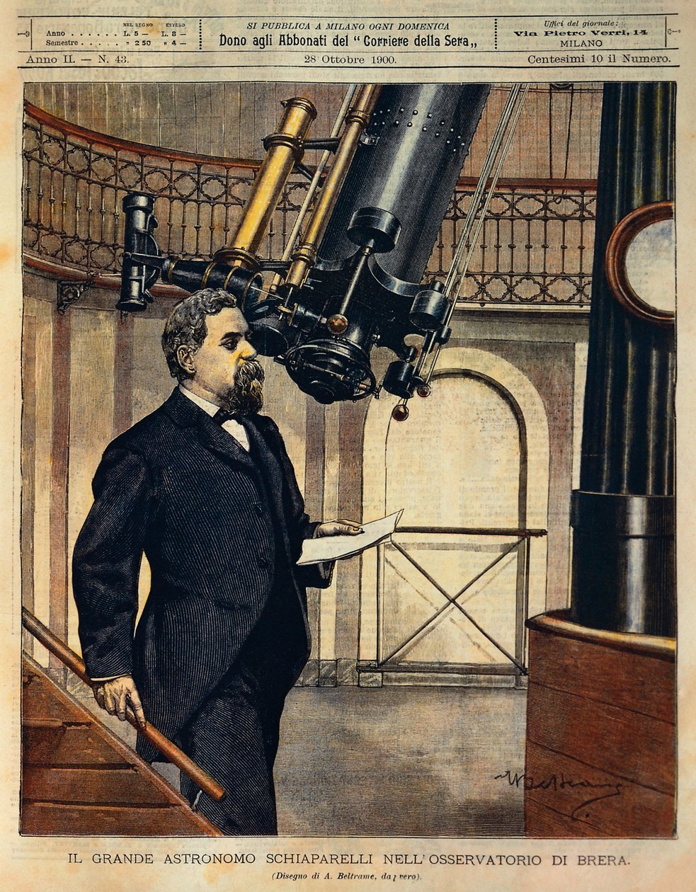 O astrônomo Schiaparelli (1835-1910) no observatório Brera, ilustração de Achille Beltrame (1871-1945), de La Domenica del Corriere, 28 de outubro de Achille Beltrame