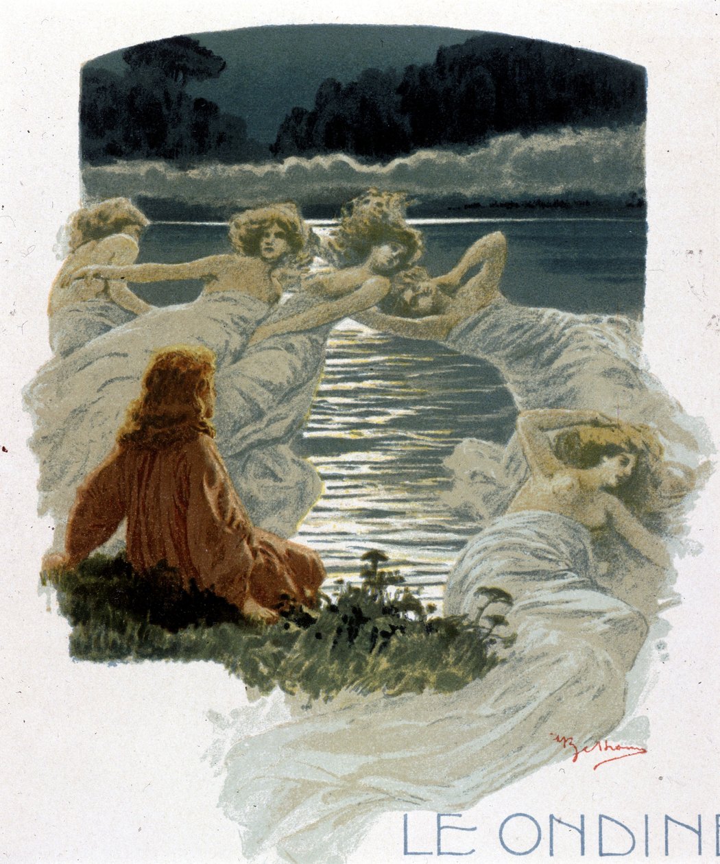 As personagens das ondinas, jovens ninfas das águas da mitologia germânica. Ilustração de A. Beltrame. de Achille Beltrame