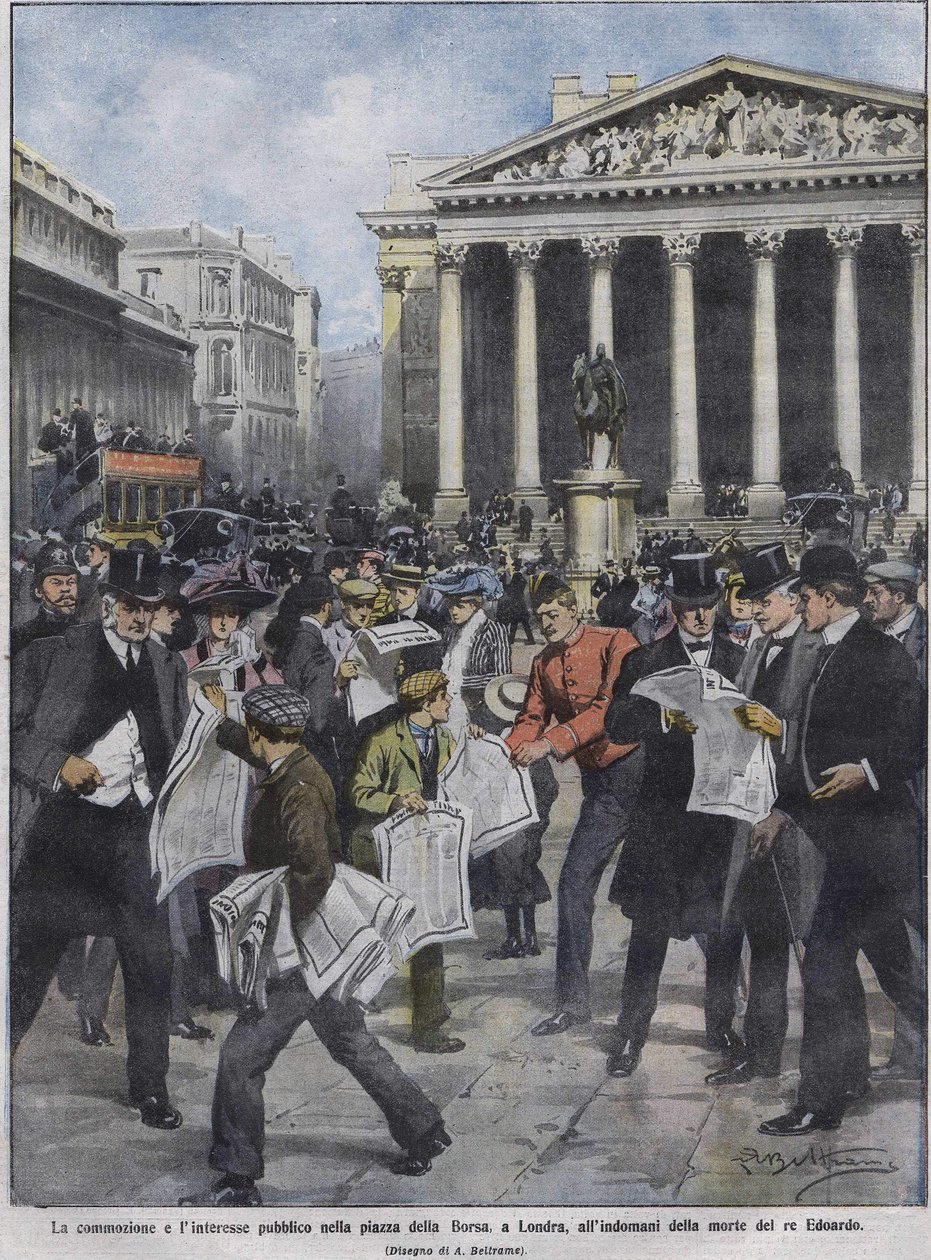 No dia seguinte à morte do rei Eduardo VII, no dia seguinte à morte do rei Eduardo VII. Ilustração de Achille Beltrame. Maio de 1910. de Achille Beltrame