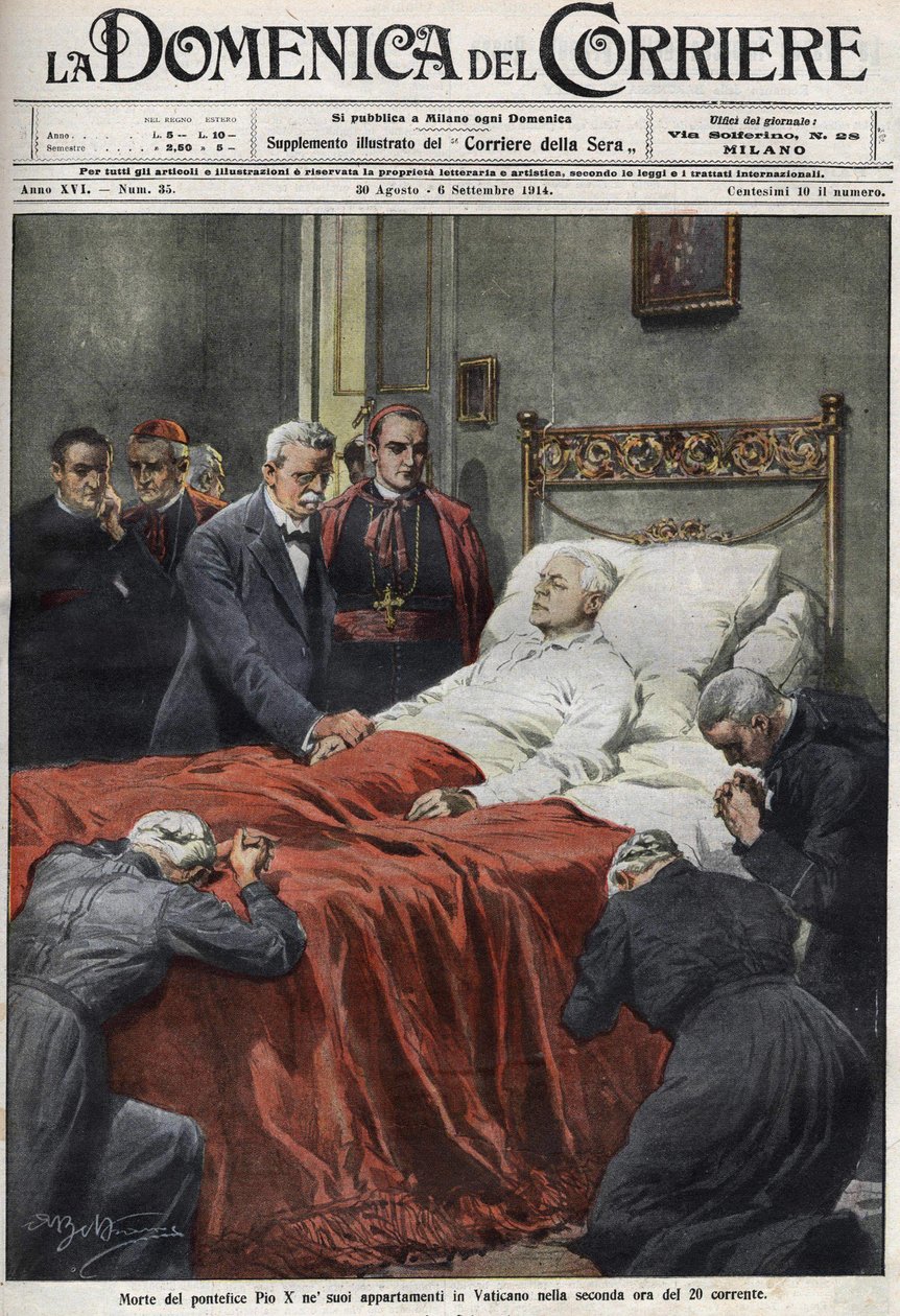 A morte do Papa Pio X em 1914. Capa da domenica del Corriere de 30 de agosto de 1914. de Achille Beltrame