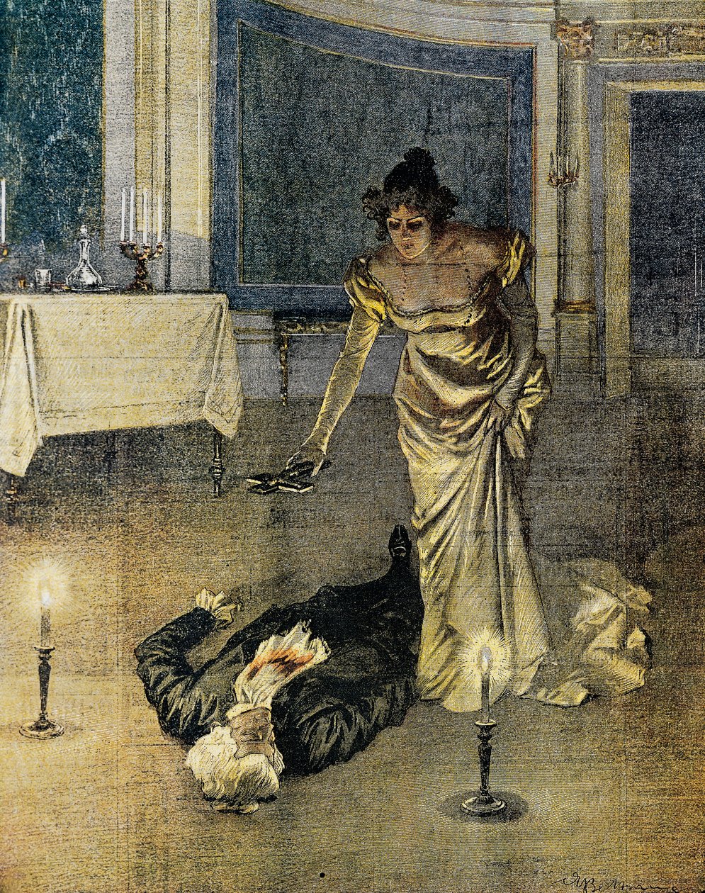 A morte de Scarpia no final do Ato II da Tosca por Giacomo Puccini, placa de Achille Beltrame (1871-1945), La Domenica del Corriere, 4 de fevereiro de Achille Beltrame