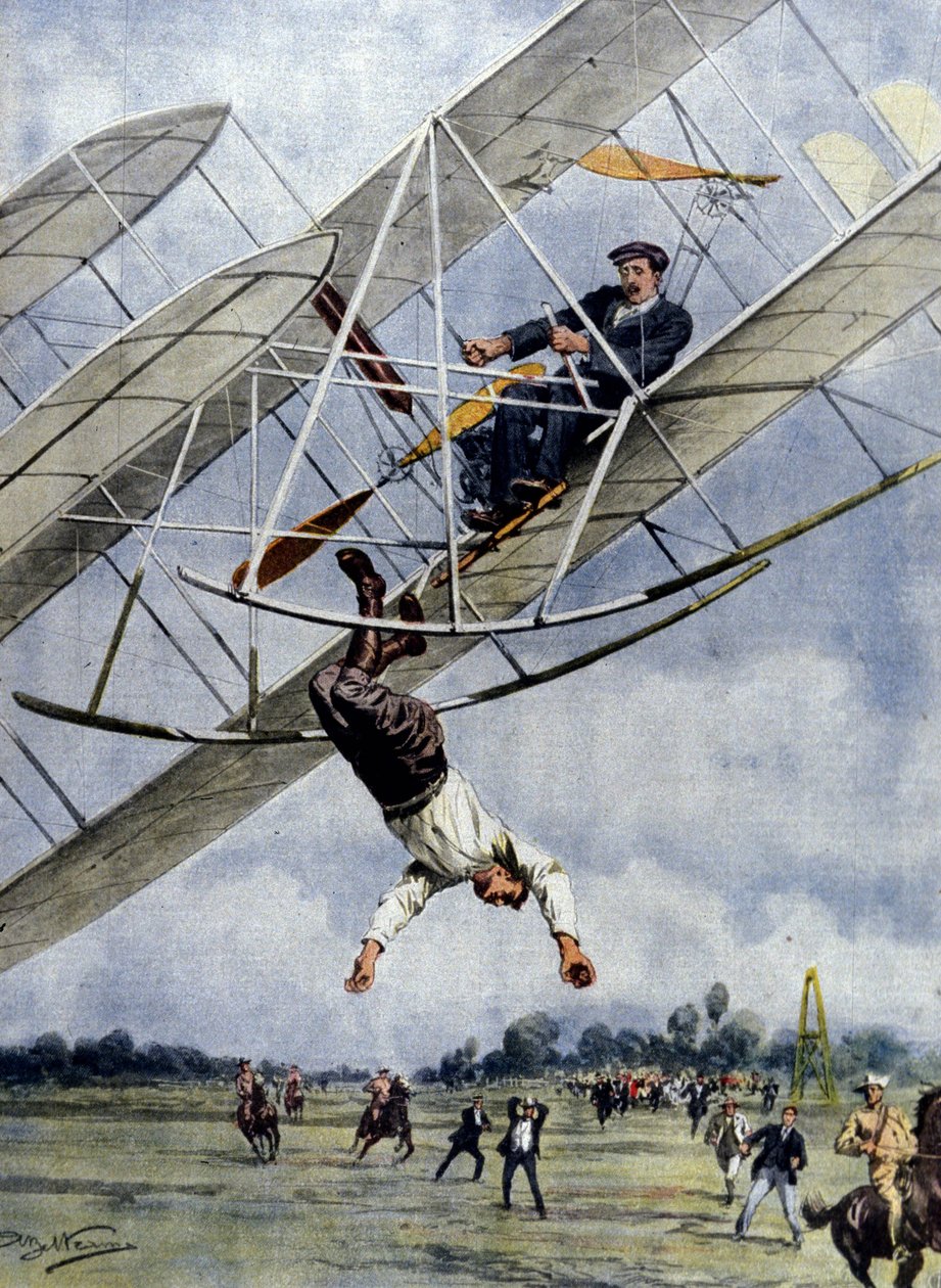 Os dramas do ar: Orville Wright e o tenente americano Selfridge lançam-se com o seu avião a uma altitude de trinta metros. Ilustração de Beltrame. La Domenica del Corriere. 1908. de Achille Beltrame