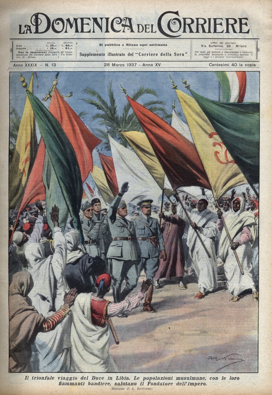 O duce Benito Mussolini em uma viagem à Líbia é saudado pela multidão. Ilustração de Achille Beltrame em "La domenica del Corriere" de 28/03/1937. de Achille Beltrame