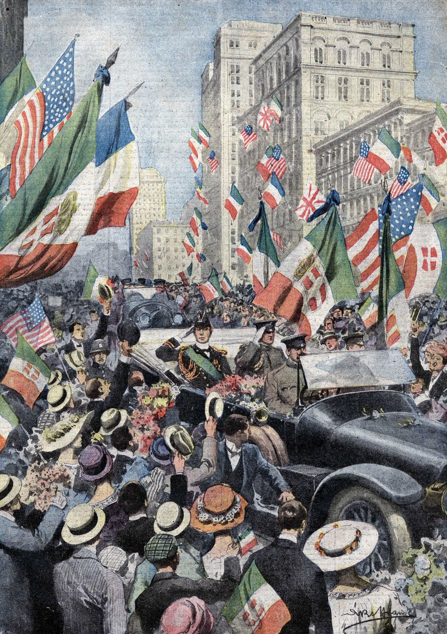 O acolhimento entusiástico do povo americano a Fernando de Sabóia, Duque de Génova e Príncipe de Udine (1884 - 1963), quando chegou a Boston. Ill. de Beltrame. La Domenica del Corriere. 06/1917. de Achille Beltrame