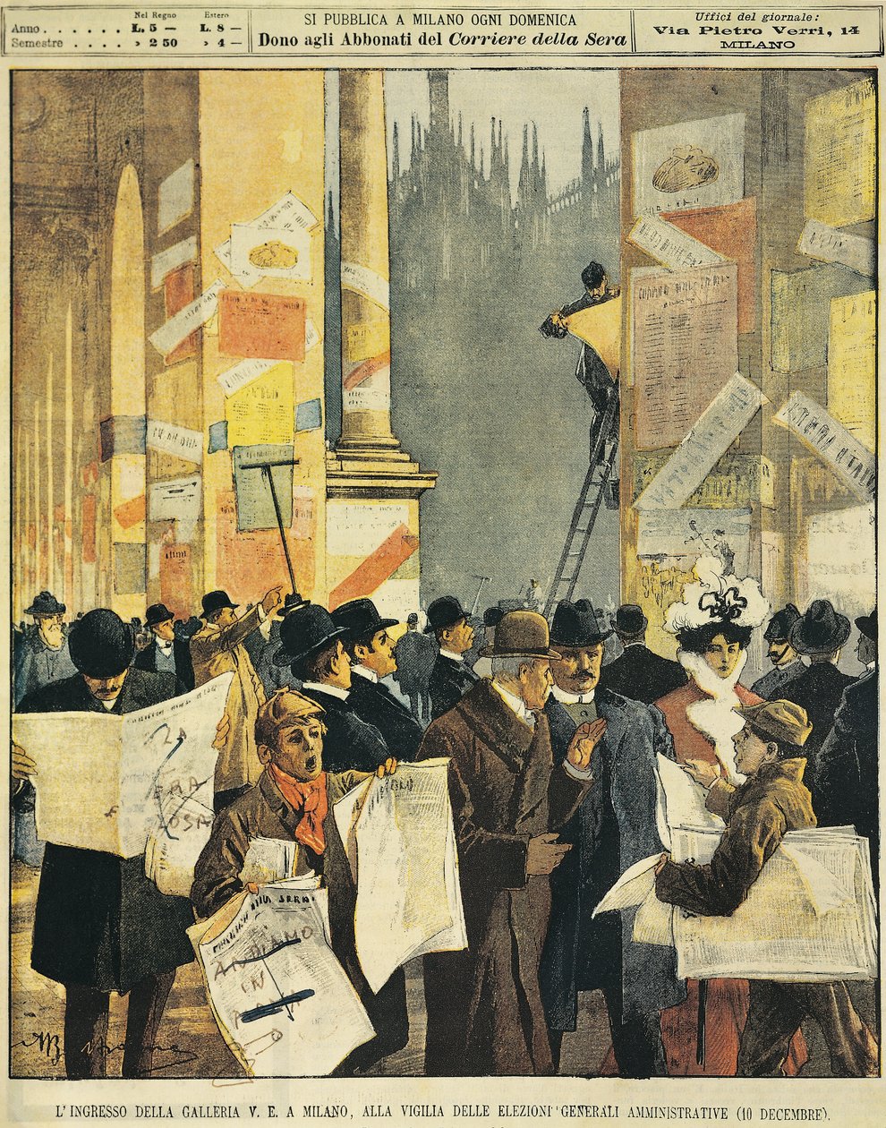 A entrada na Galleria Vittorio Emanuele em Milão, na véspera das eleições administrativas gerais, por Achille Beltrame (1871-1945), de La Domenica del Corriere de Achille Beltrame
