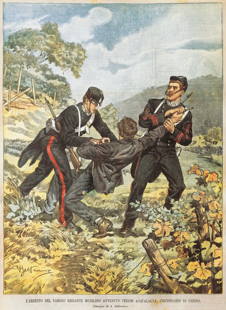 O famoso bandido Musolino é preso perto de Acqualagna, no distrito de Urbino, por Achille Beltrame (1871-1945), de La Domenica del Corriere, 27 de outubro de 1901. de Achille Beltrame