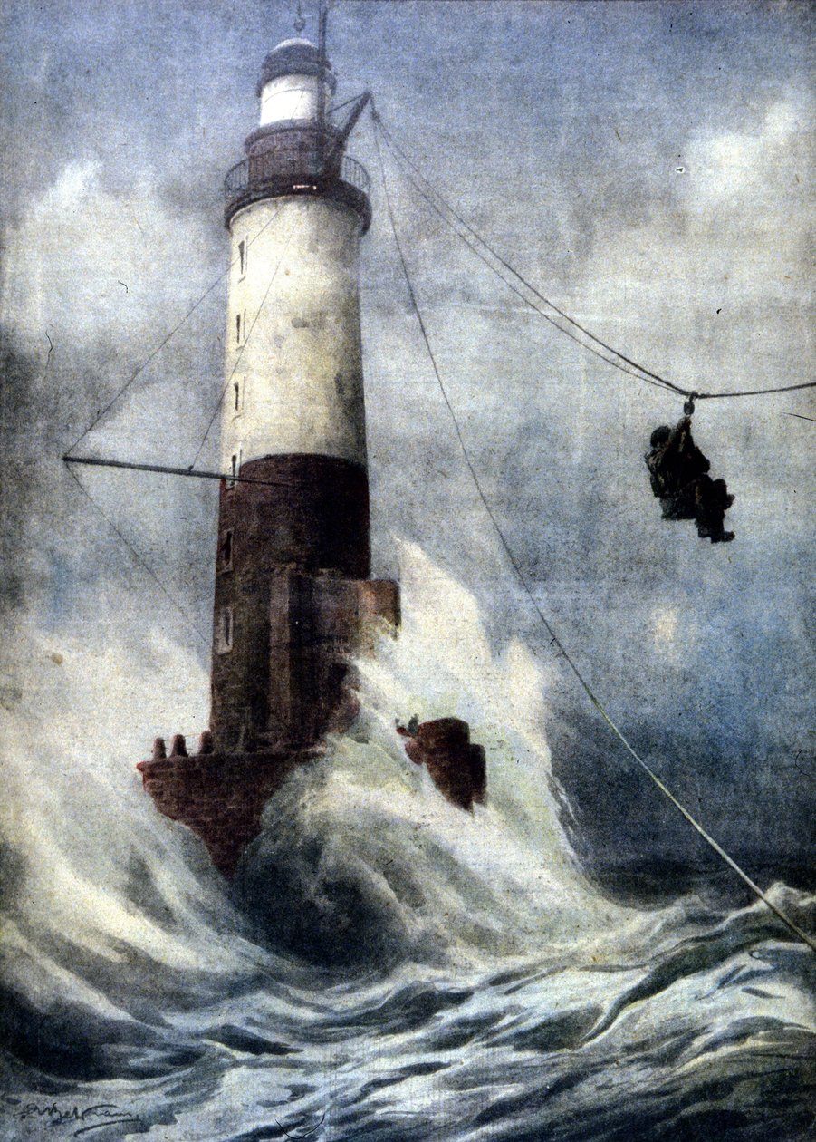 O guardião do farol de Amém, na costa francesa, permaneceu isolado do continente durante 53 dias devido às más condições meteorológicas. Ele conseguiu, graças a uma perigosa viagem acrobática, regressar a terra. Ill. d