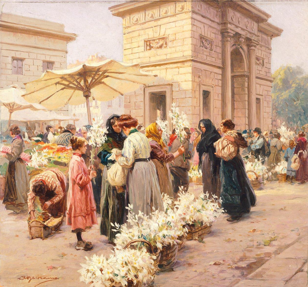 O mercado de lírios em Porta Garibaldi em Milão, por Achille Beltrame (1871-1945), de La Domenica del Corriere, Itália Século XX de Achille Beltrame
