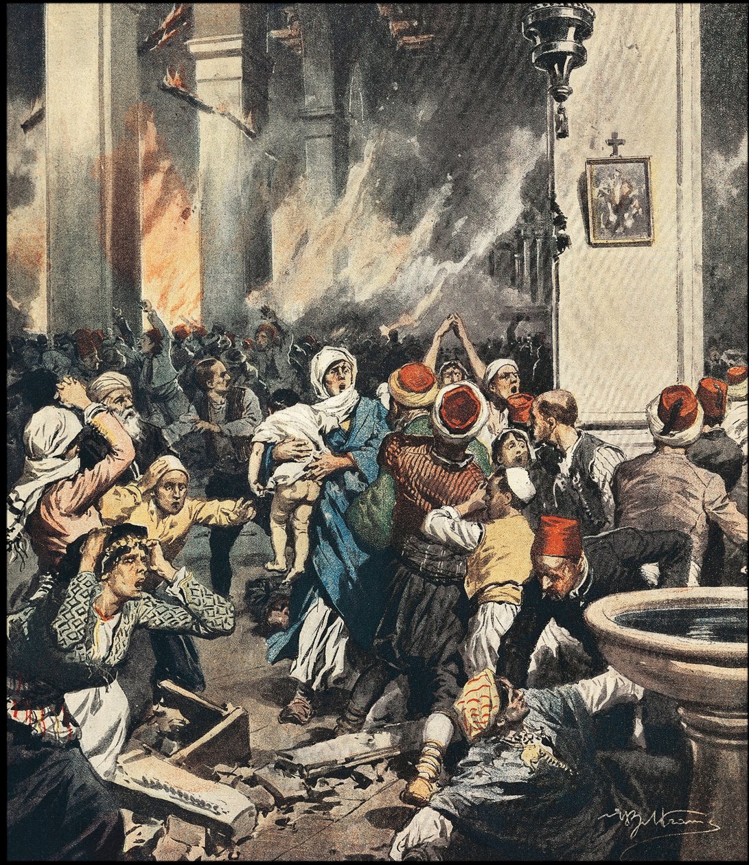 Os massacres de armênios na Turquia em 1909 em Adana, ilustração de Achilles Beltrame (1871-1945) em "La Domenica del Corriere" de maio de 1909 de Achille Beltrame