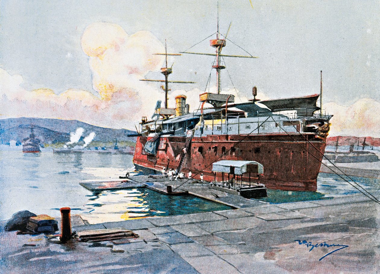O velho navio Castelfidardo em La Spezia de Achille Beltrame
