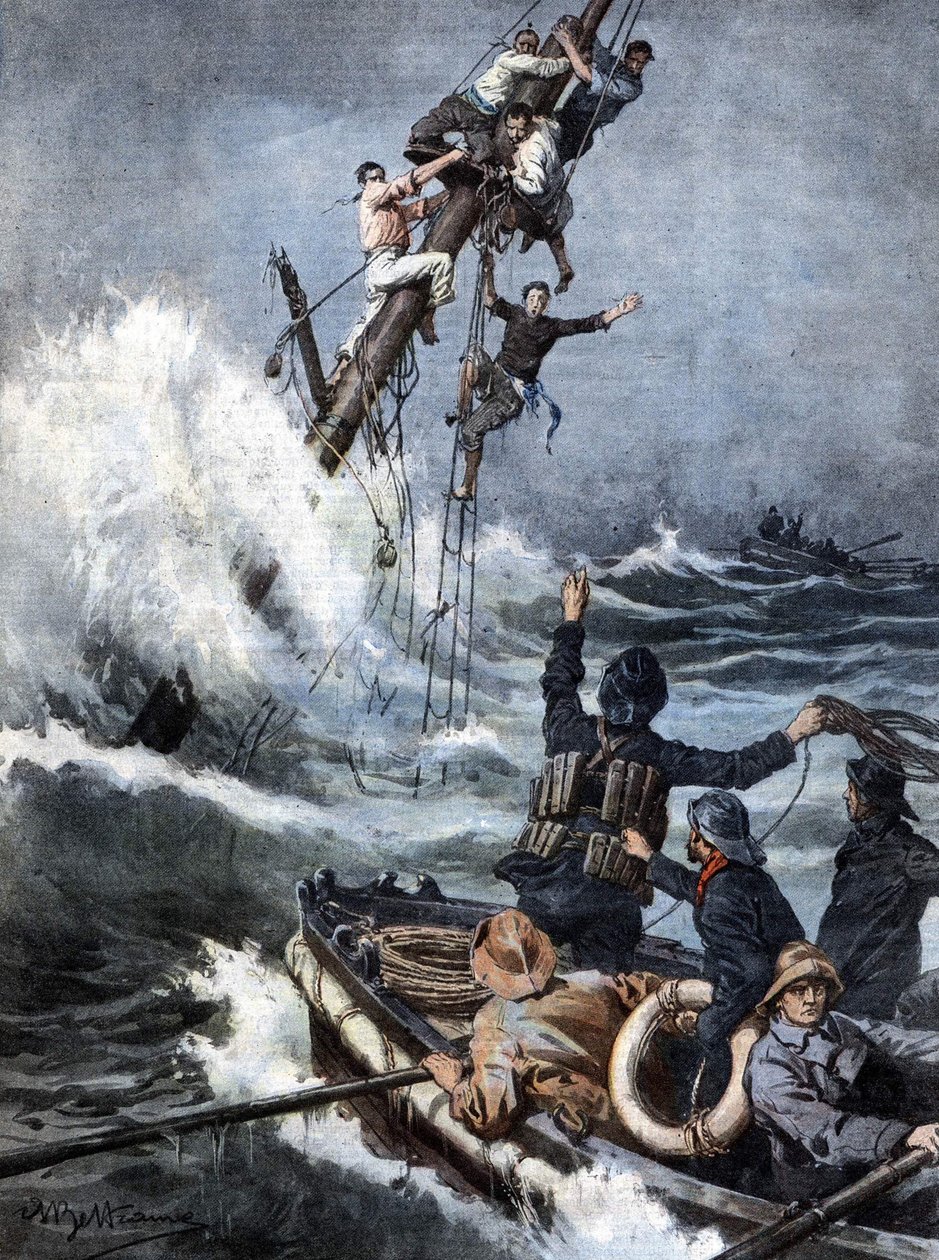 A equipe de resgate trouxe de volta em segurança os marinheiros de um navio a vapor naufragado após 40 horas empoleirados nos mastros do navio naufragado. Ill. de Beltrame. La Domenica del Corriere. 08/1909. de Achille Beltrame