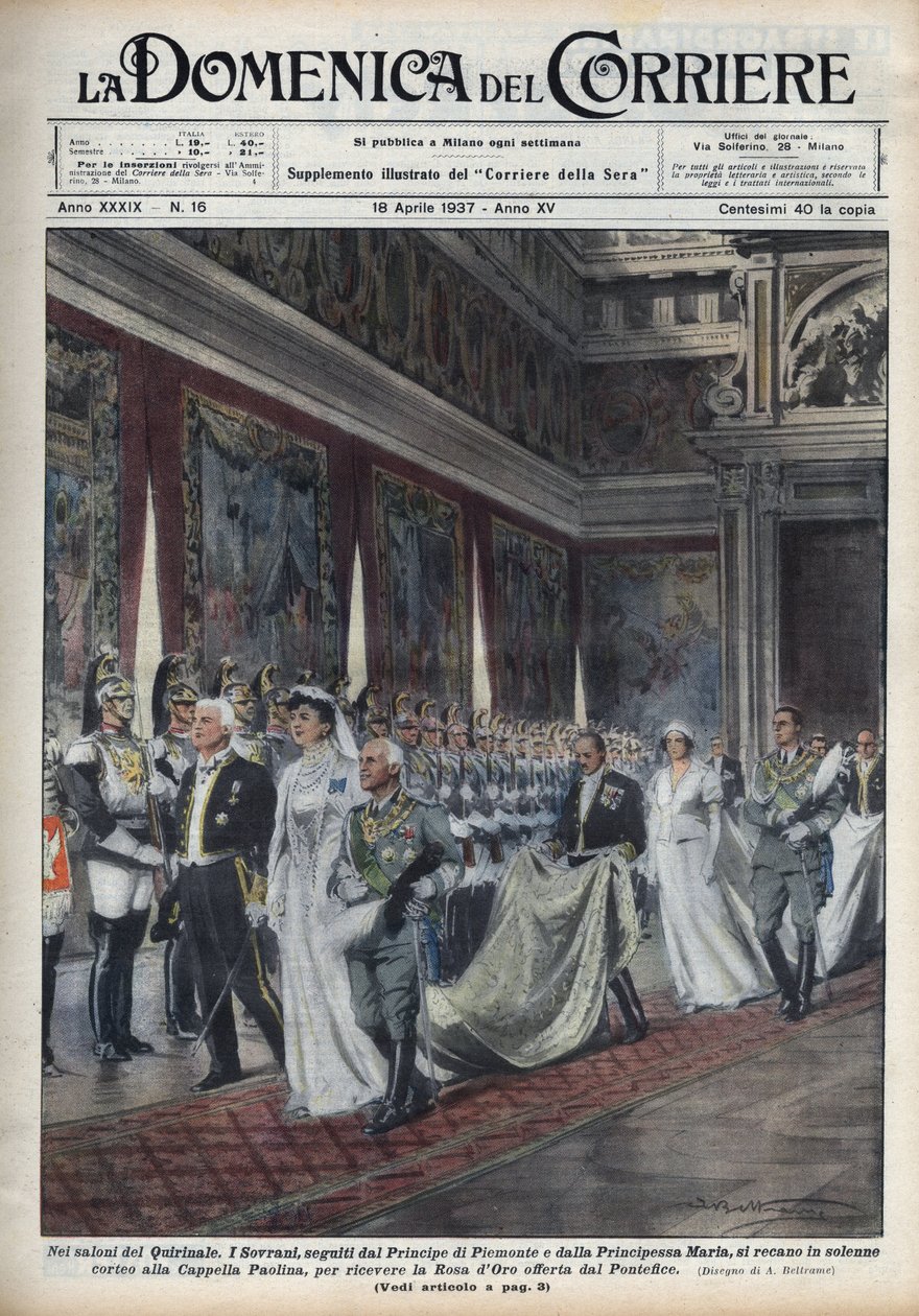 O casal real, Victor Emmanuel III (Victor-Emmanuel) (Vittorio Emanuele III) (1869-1947) e sua esposa Helene de Montenegro, seguida pelo Príncipe Humbert (Umberto) II e Maria José (Marie-Jose da Bélgica, Maria José de Savoie) vão para a Capela Paolina (Paol de Achille Beltrame