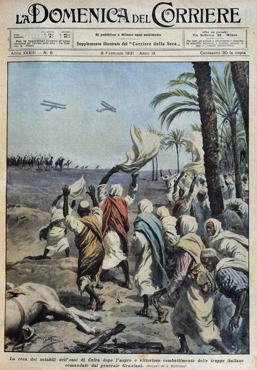 A rendição dos notáveis notáveis do oásis de Koufra (Qufra ou Cufra, Sahara Líbio) após a difícil e vitoriosa batalha das tropas italianas comandadas pelo General Graziani - dess. de A. Beltrame em "la Domenica del Corriere" de 08/02/1931 de Achille Beltrame