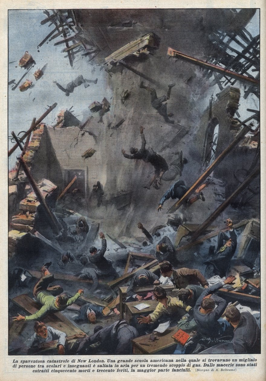 A tragédia de uma explosão escolar em Nova Londres, Texas, causada por um vazamento de gás no dia 18 de março. Ilustração de Achille Beltrame em "La domenica del Corriere" de 04/04/1937. de Achille Beltrame