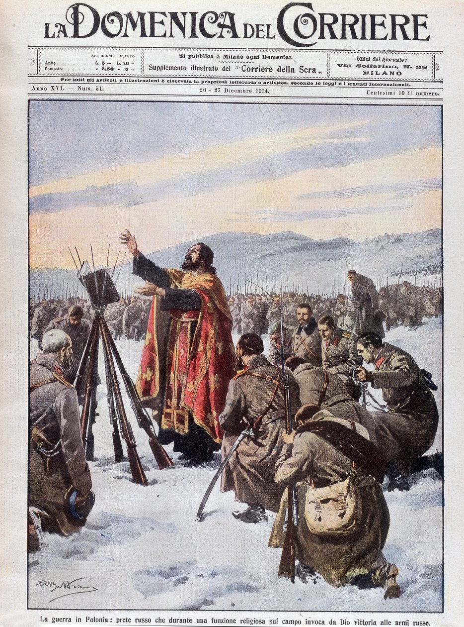 A guerra na Polónia, um sacerdote russo invocando a Deus para ajudar o exército russo, numa missa no campo de batalha. A primeira página de "La Domenica del Corriere", de 20 a 27 de dezembro de 1914. de Achille Beltrame