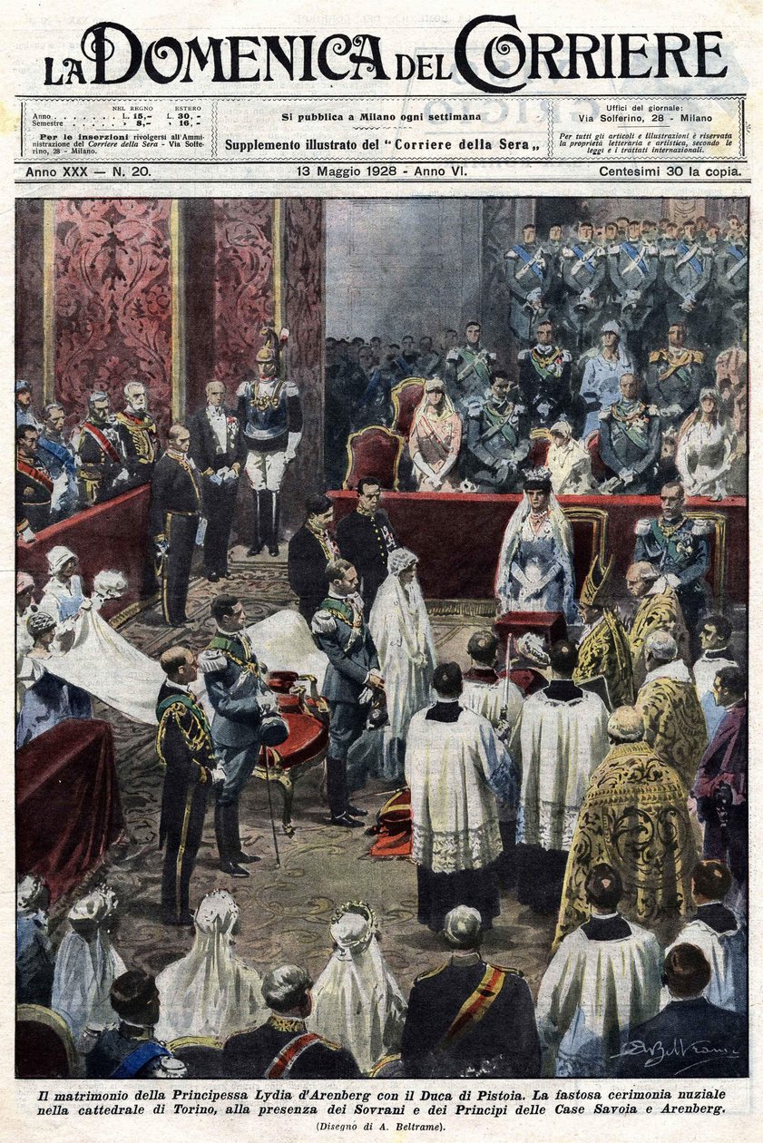 O casamento da Princesa Lydia de Arenberg e do Duque de Pistoia: uma magnífica cerimónia na Catedral de Turim, na presença dos governantes e príncipes da Casa de Savoy e da família Arenberg. Ill. de Baltrame. La Domenica del Corriere. 13-05-1928 de Achille Beltrame