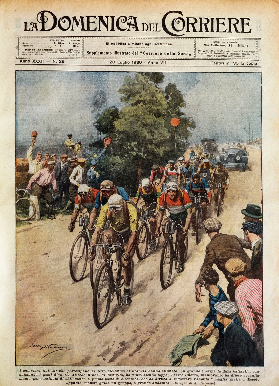 Tour de France, Learco Guerra (1902-1963), ilustração de Achille Beltrame (1871-9145) de La Domenica del Corriere, 20 de julho de Achille Beltrame