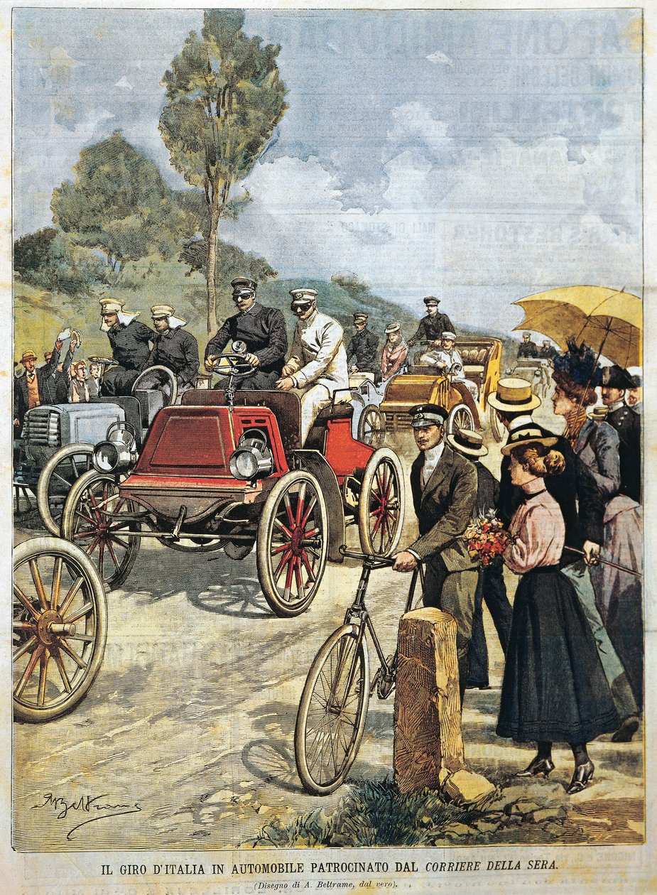 Passeio de carro pela Itália, patrocinado pelo Corriere della Sera, ilustração de Achille Beltrame de La Domenica del Corriere, 19 de maio de Achille Beltrame
