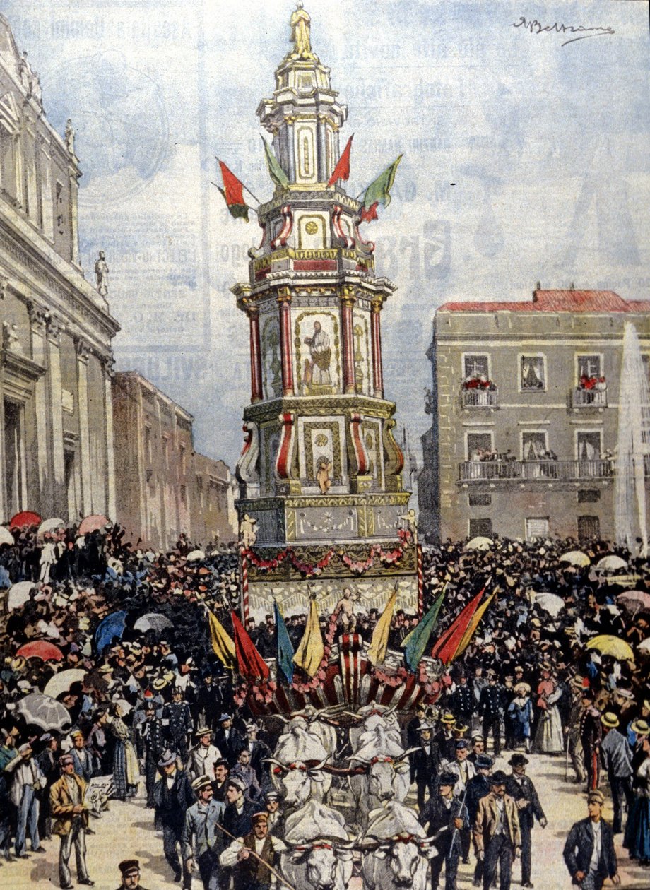Festa tradicional siciliana: um tanque conduzido em procissão para Casteltermini (Girgenti). Ill. de Beltrame. La Domenica del Corriere. 1904. de Achille Beltrame
