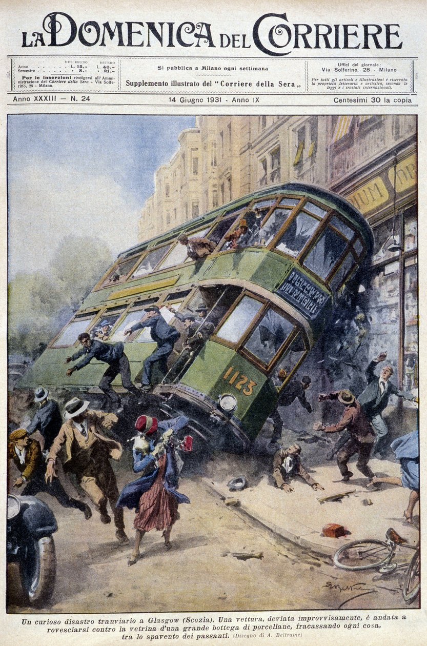Acidente com o eléctrico em Glasgow, Escócia: um dos carros derramou-se sobre uma vitrina de porcelana e sobre transeuntes - desenho de A. Beltrame, em "La Domenica del Corriere" de 1 de Fevereiro de 1931. de Achille Beltrame