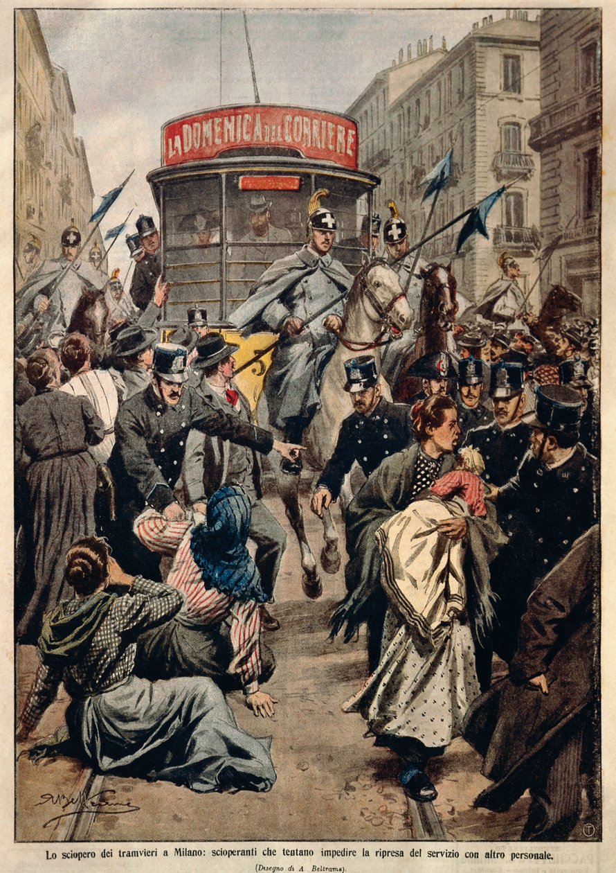 Greve do bonde em Milão, de Achille Beltrame, ilustração, Ilustrador Achille Beltrame (1871-1945), de La Domenica del Corriere de Achille Beltrame