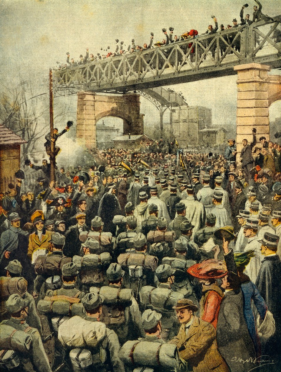 Retorno triunfante das tropas italianas da Líbia em Milão, ilustrador Achille Beltrame (1871-1945), de La Domenica del Corriere, 26 de janeiro de 1913. de Achille Beltrame