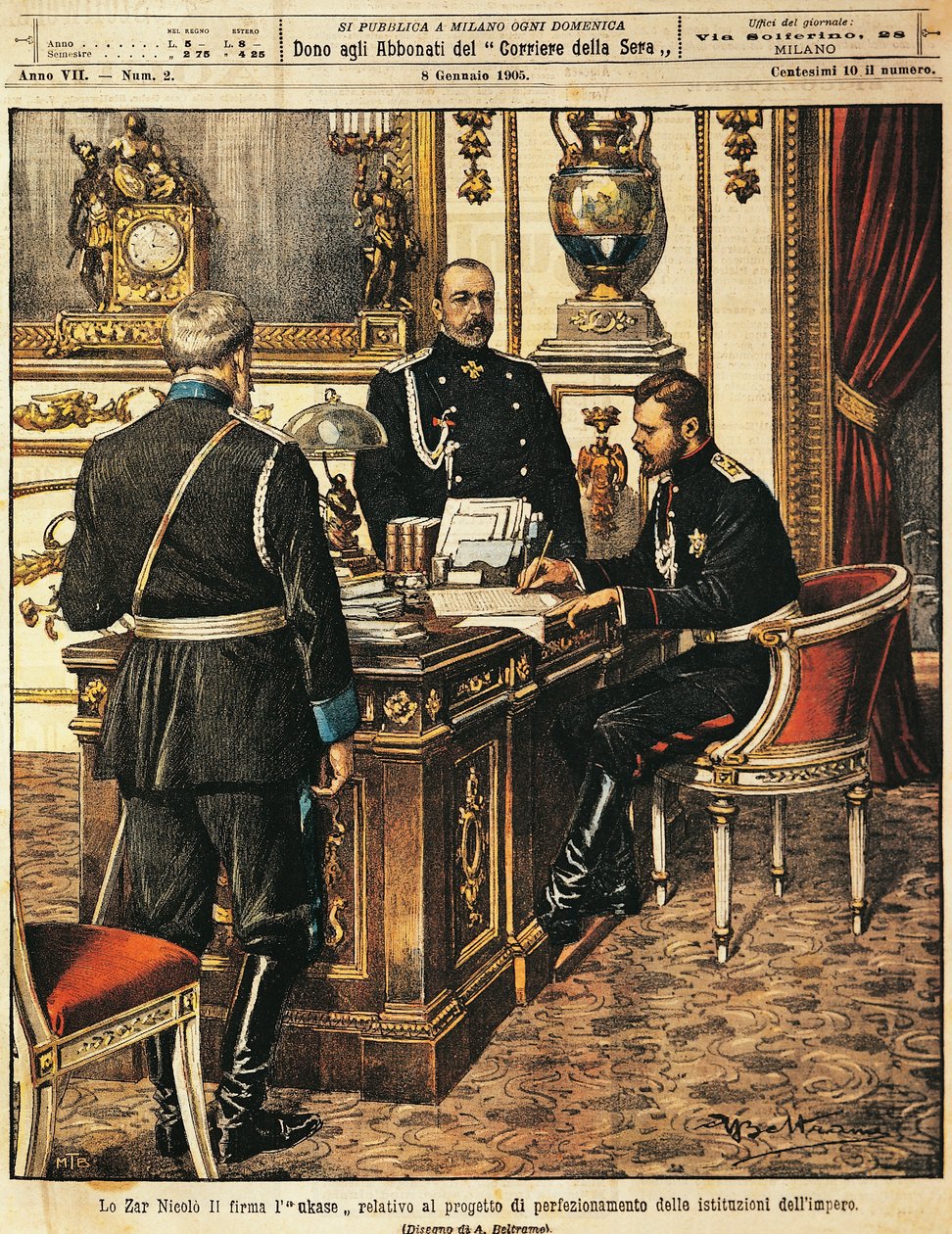 O czar Nicolau II assina projeto de reformas institucionais, por Achille Beltrame (1871-1945), de La Domenica del Corriere, 8 de janeiro de 1905 de Achille Beltrame