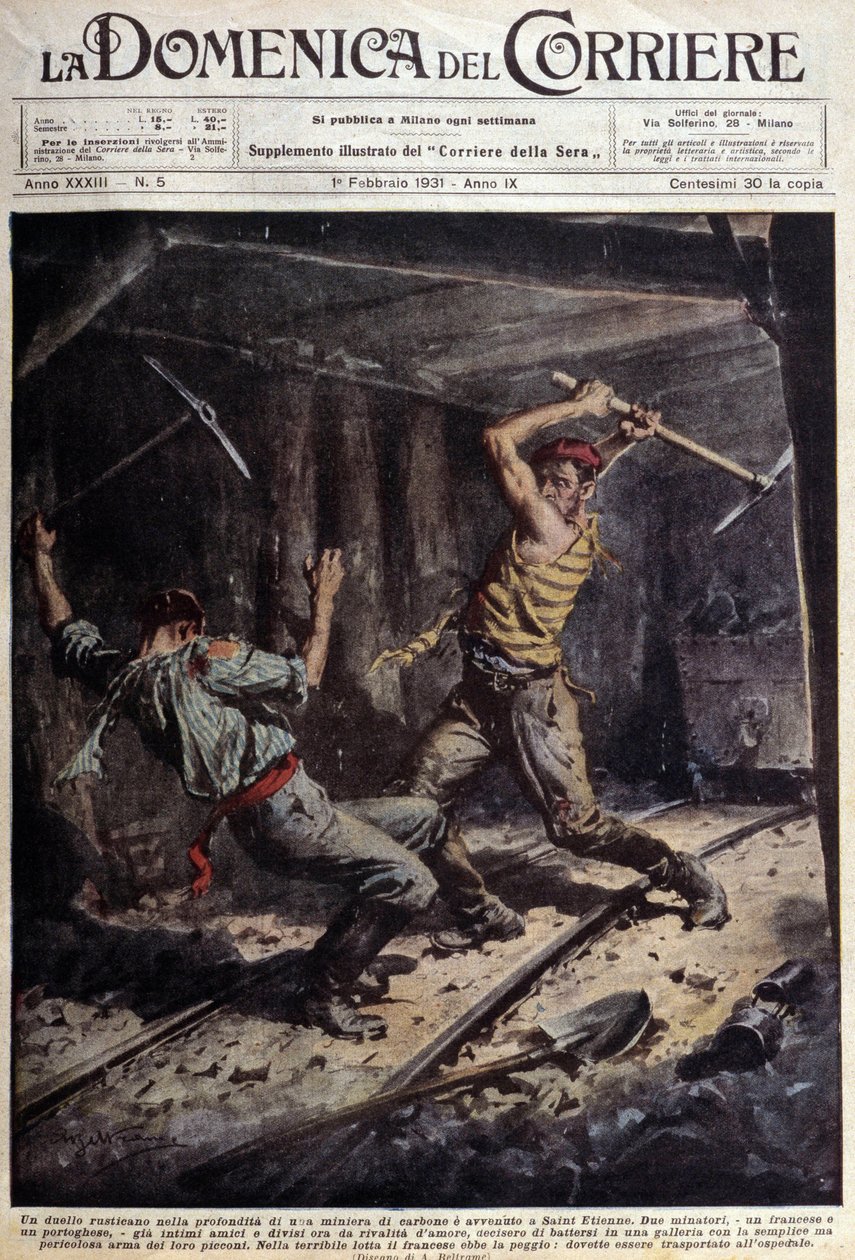 Dois mineiros franceses e portugueses lutando com seus machados em uma galeria por causa de uma história de amor - desenho de A. Beltrame, em "La Domenica del Corriere" de 1º de fevereiro de Achille Beltrame