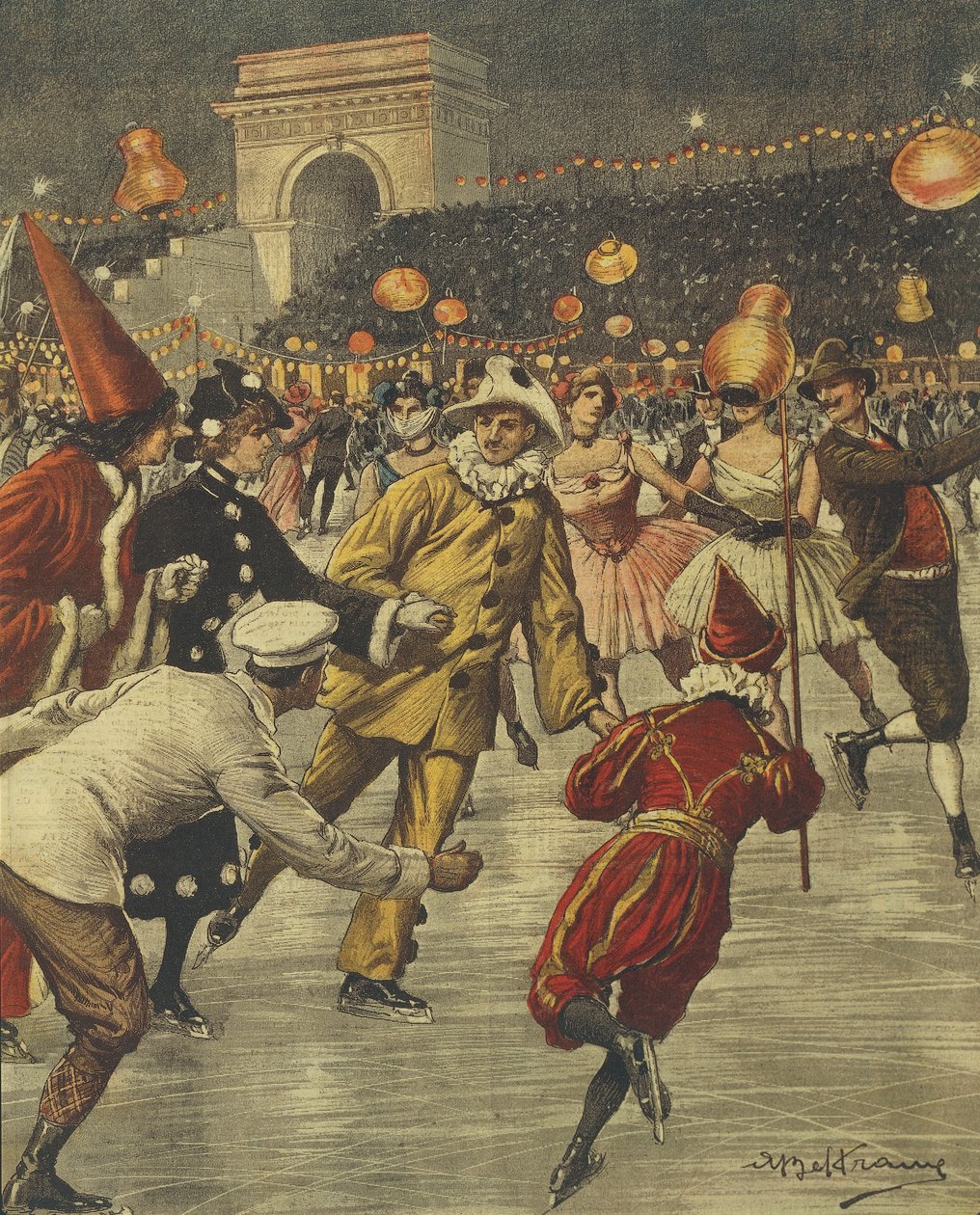 Festa típica de fantasia no gelo em Aren em Milão, de Achille Beltrame, ilustração, Ilustrador Achille Beltrame (1871-1945), de La Domenica del Corriere de Achille Beltrame