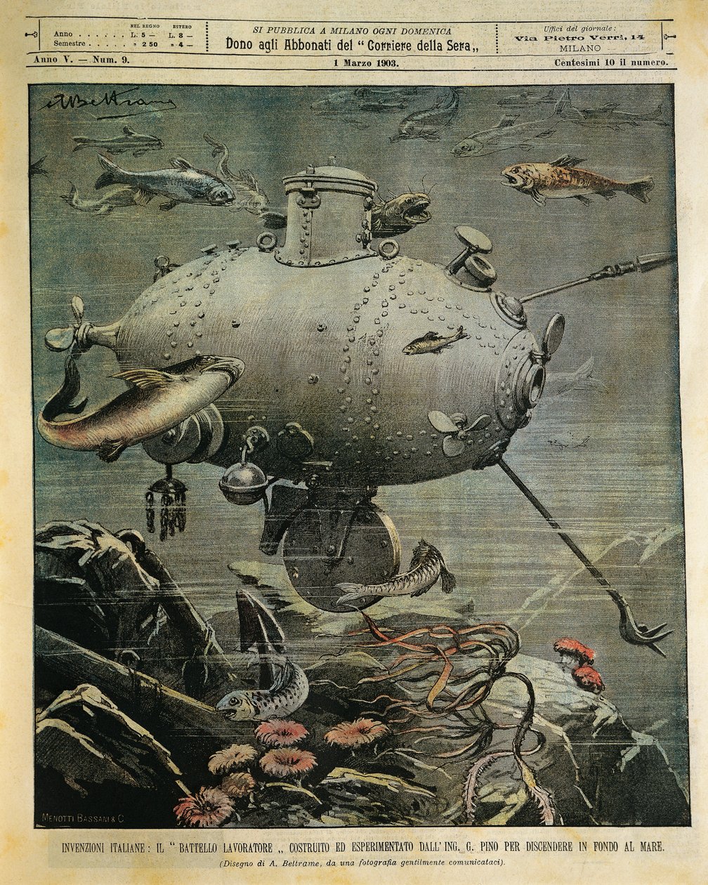 Embarcação submarina para exploração do fundo marinho, ilustração de Achille Beltrame (1871-1945), de La Domenica del Corriere, 1 de março de Achille Beltrame