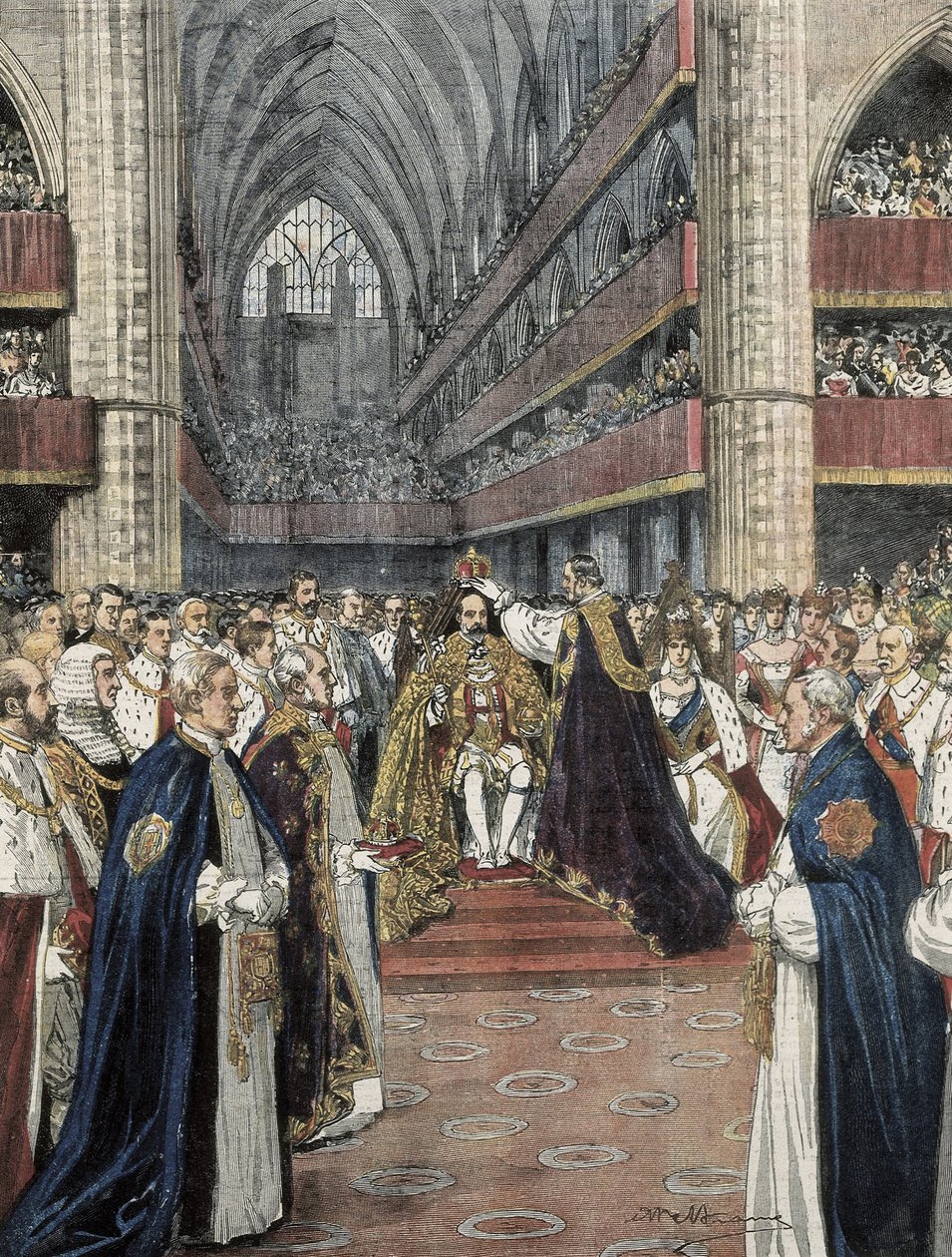 Reino Unido (1901). Coroação de Edward VII na Abadia de Westminster. Ilustração de Achille Beltrame publicada em Domenica del Corriere. Gravura. de Achille Beltrame