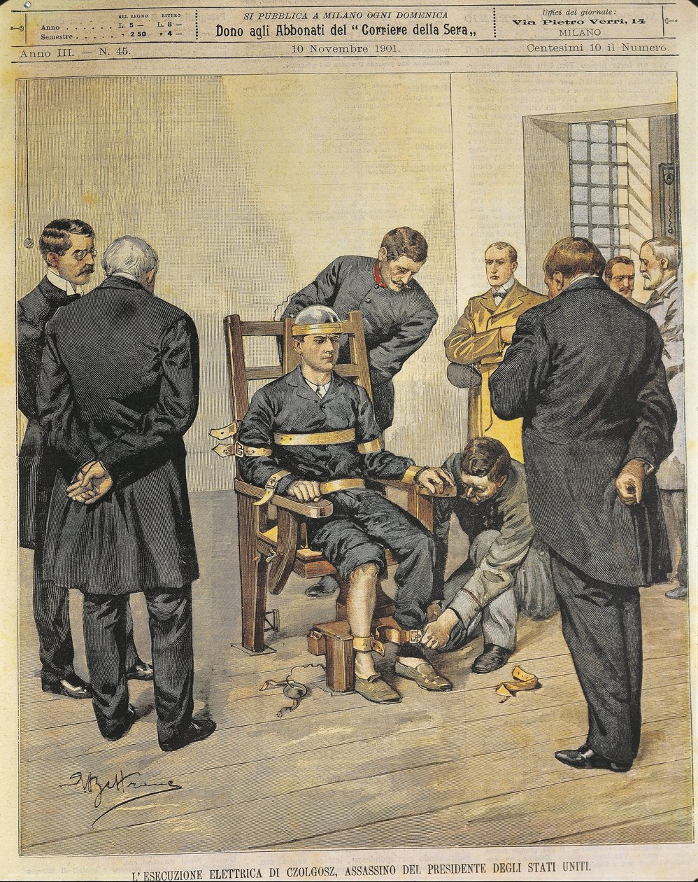 Estados Unidos da América, século XX, A execução da cadeira elétrica de Czolgosz, assassino do presidente dos Estados Unidos McKinley, 29 de outubro de 1901 (arte de uma capa de revista) de Achille Beltrame