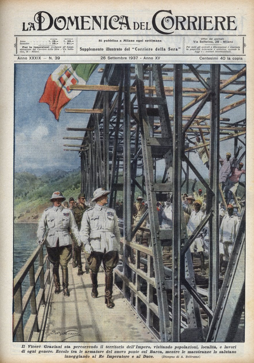 Vice-rei da Etiópia Rodolfo Graziani, atravessando o território abissínio. Ilustração de Achille Beltrame de "La domenica del corriere" de 26/09/1937. de Achille Beltrame