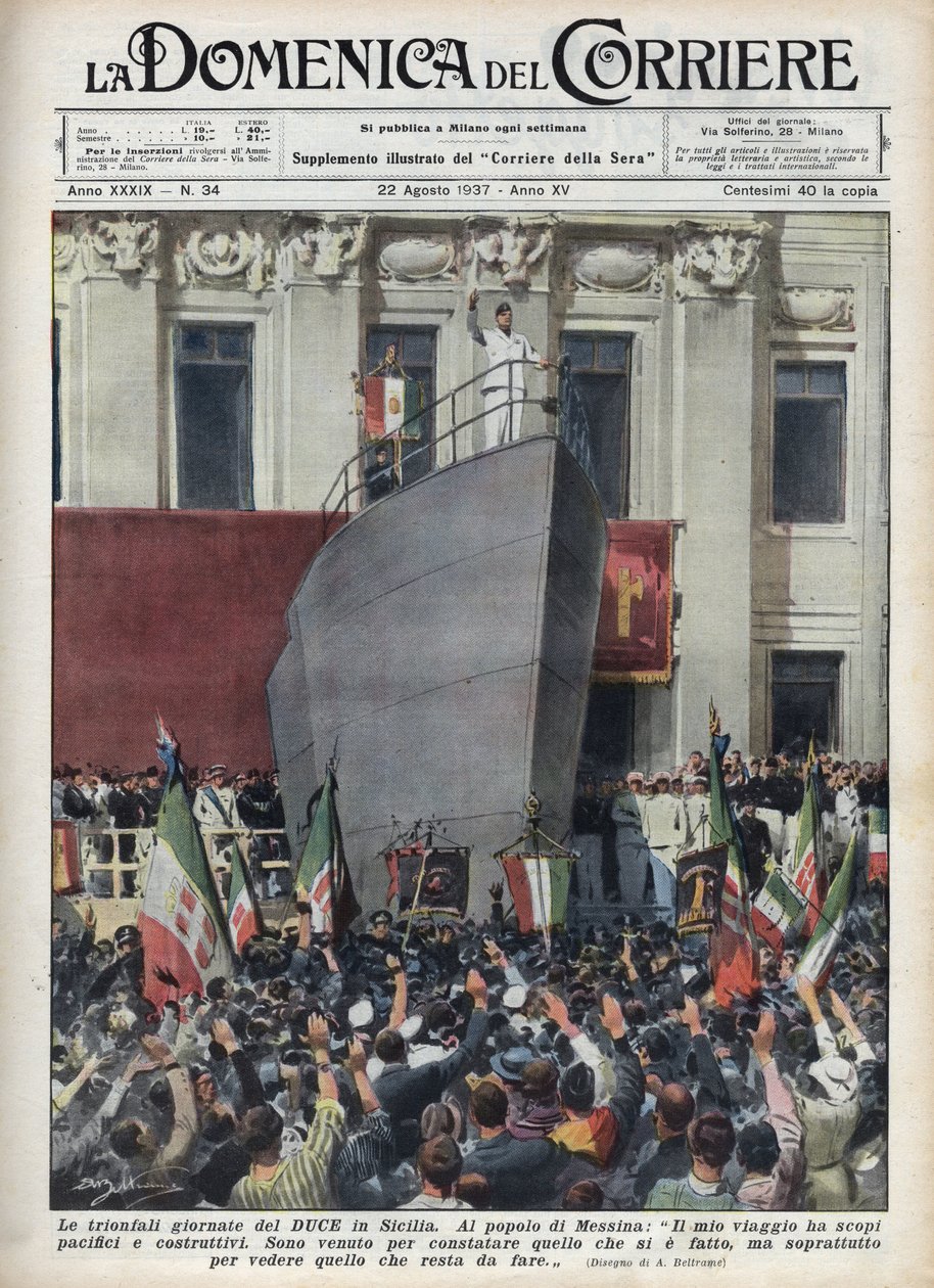 Visita do Duque Benito Mussolini a Messina durante uma viagem à Sicília. Ilustração de Achille Beltrame de "La domenica del corriere" de 22/08/1937. de Achille Beltrame
