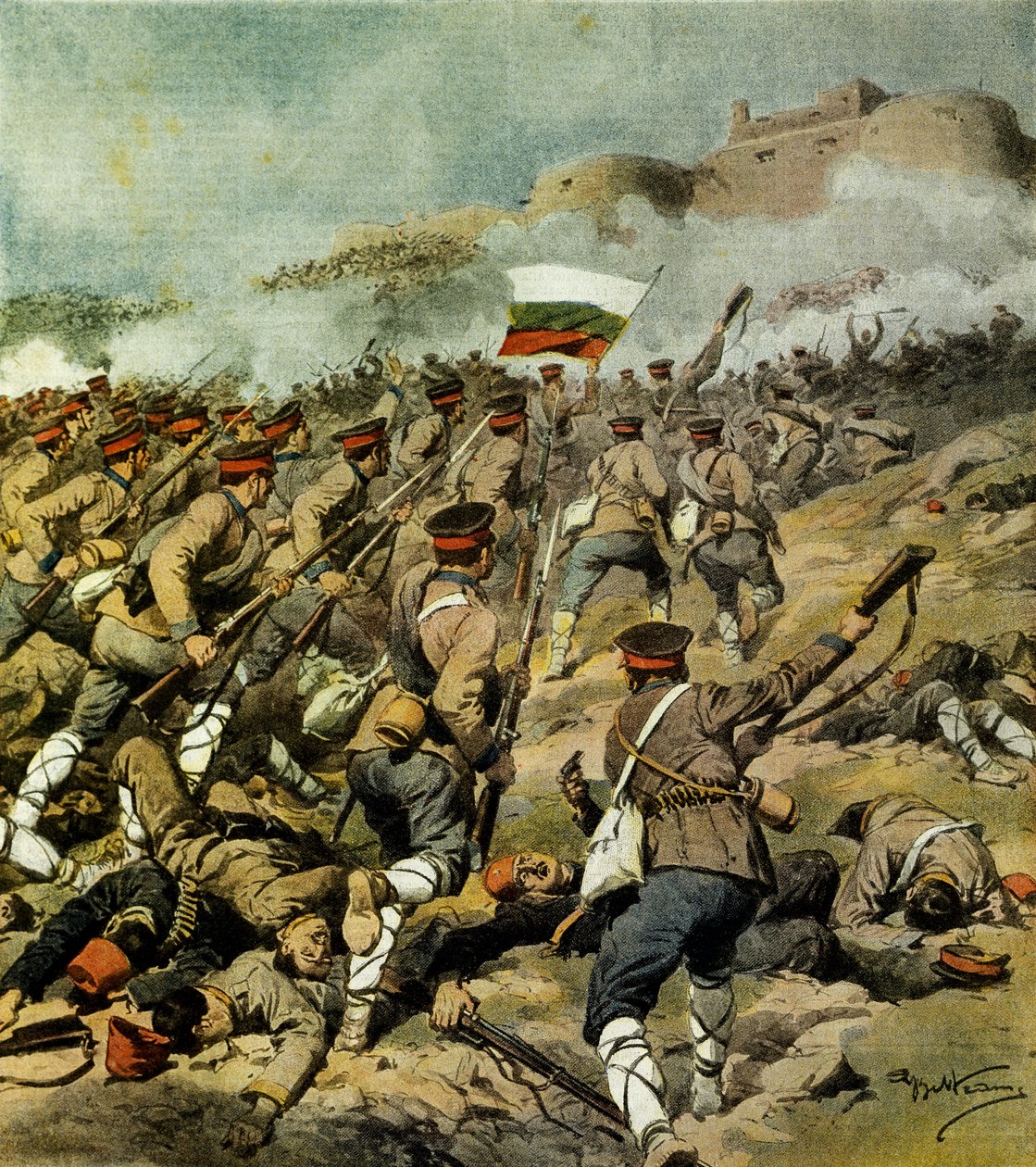 Guerra das Cinco Nações, o exército búlgaro avança para Adrianople e captura Kirk Kilisse e um espólio militar impressionante, Por Achille Beltrame (1871-1945), ilustração de La Domenica del Corriere, 3 de novembro de 1912 de Achille Beltrame