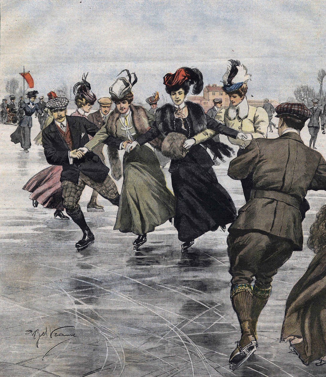 Diversão de Inverno. Skaters. ilustração de Achille Beltrame em 1907. de Achille Beltrame