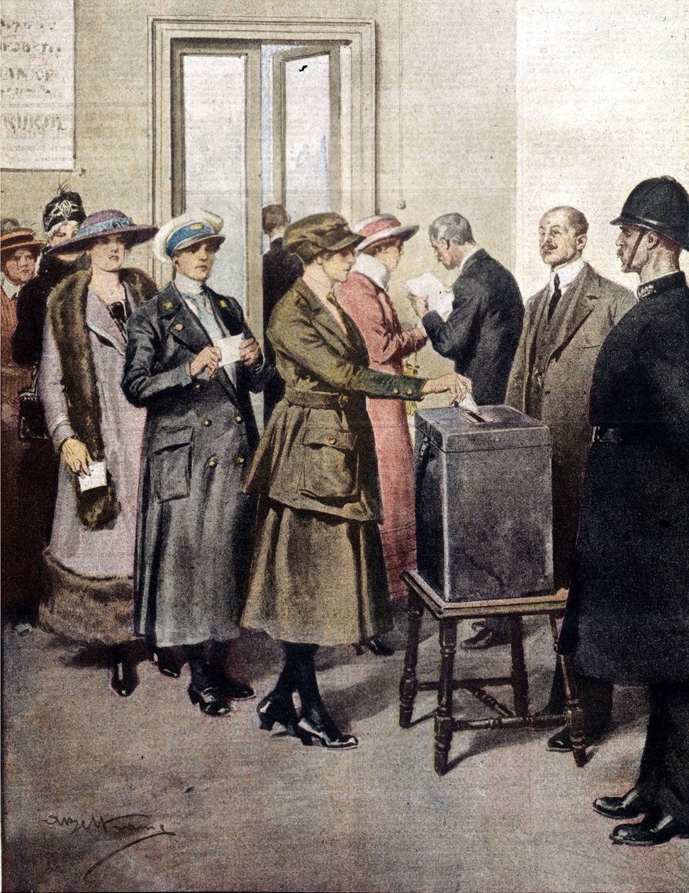 As mulheres votaram pela primeira vez na Inglaterra. 1919. Ilustração de A. Beltrame. La Domenica del Corriere. de Achille Beltrame