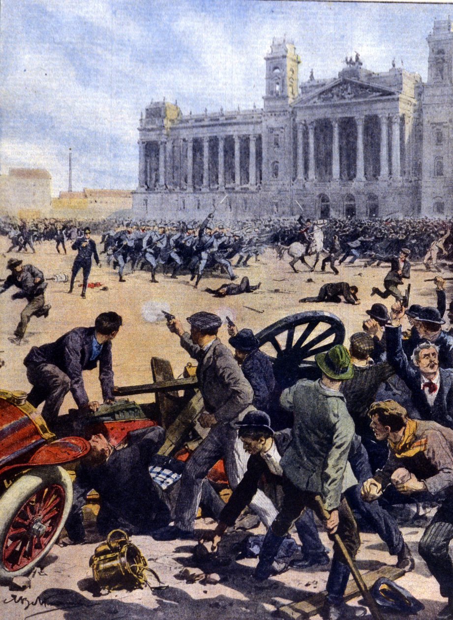 Revolta dos trabalhadores em Budapeste, em 1912, por sufrágio universal. de Achille Beltrame