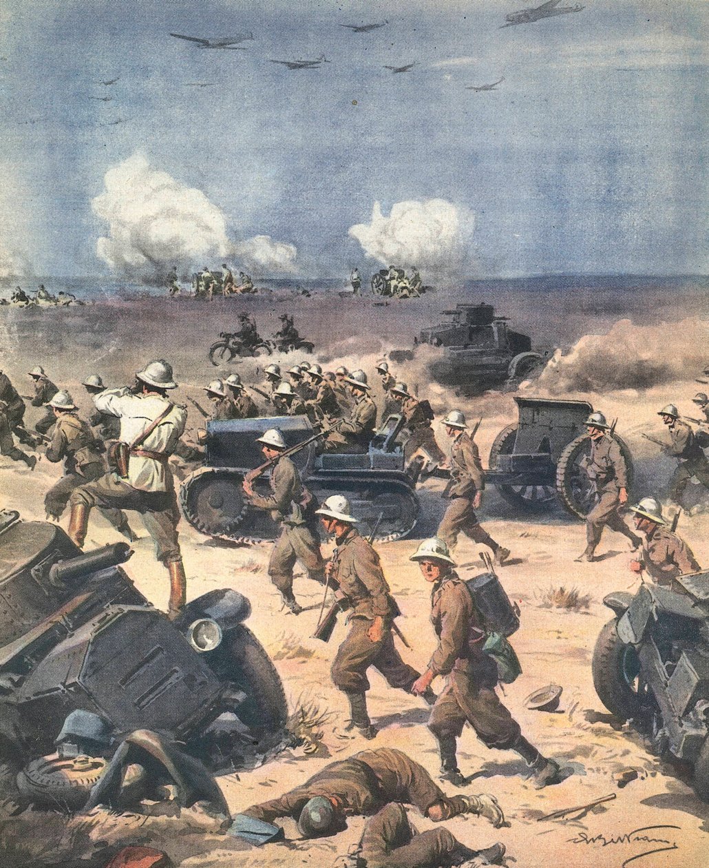 Segunda Guerra Mundial. Líbia (Campanha do Norte de África). As tropas italianas em Cyrenaica avançam para o Egito. Ilustração de Antonio Beltrame. "La Domenica del Corriere". 22 de setembro. de Achille Beltrame