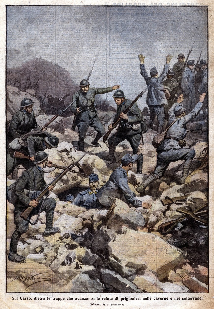 A Primeira Guerra Mundial: Frente italiana no planalto do Carso (Trentino) e prisioneiros no subsolo. "Domenica del Corriere". 19/07/1917 (litografia) de Achille Beltrame