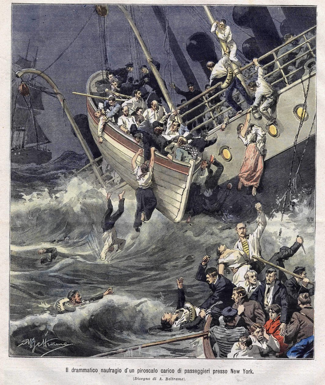Naufrágio do barco Larchmont ao largo de Nova Iorque, em Fevereiro de 1907 de Achille Beltrame